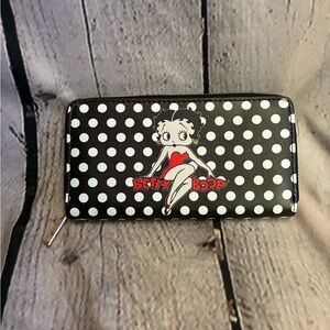 Betty Boop‎ Cartoon Polka Dot Zip Around Clutch Wallet Purse Black White Red EUC